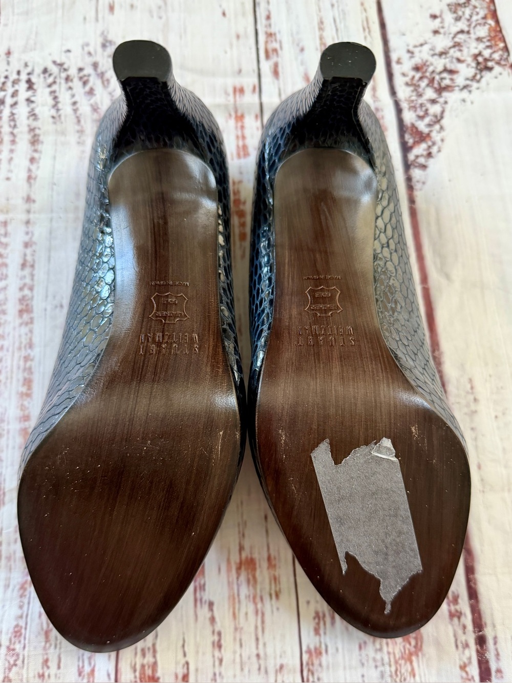 Stuart Weitzman navy blue snakeskin patent leather peep toe high heel pumps; 7 - Picture 8 of 10